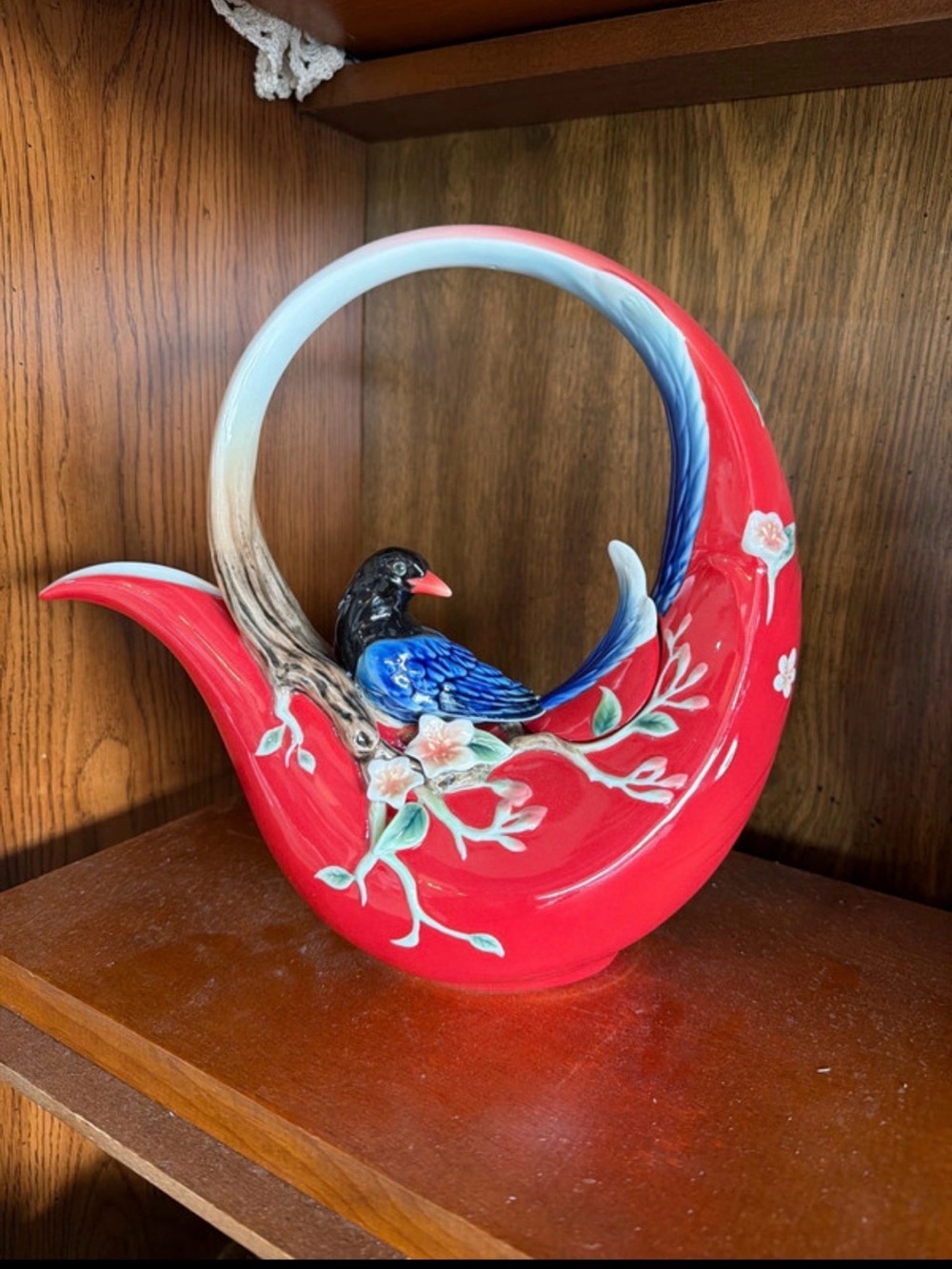 Red Ceramic Decorative Basket with Blue Bird Accent by